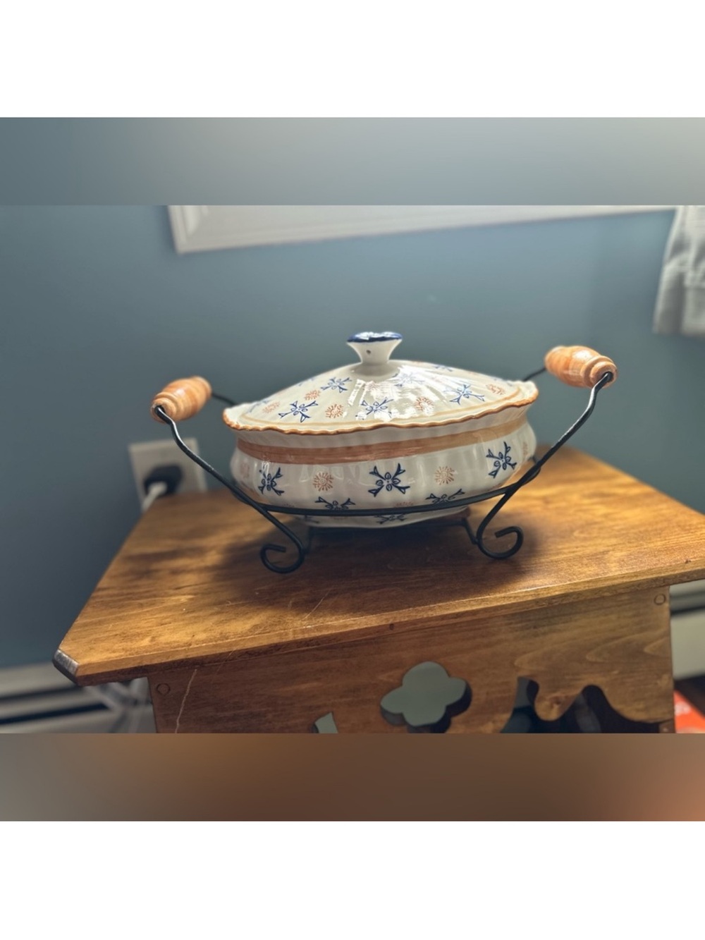 Temp-Tations by Tara White and Blue Floral Ceramic Serving Casserole with Stand